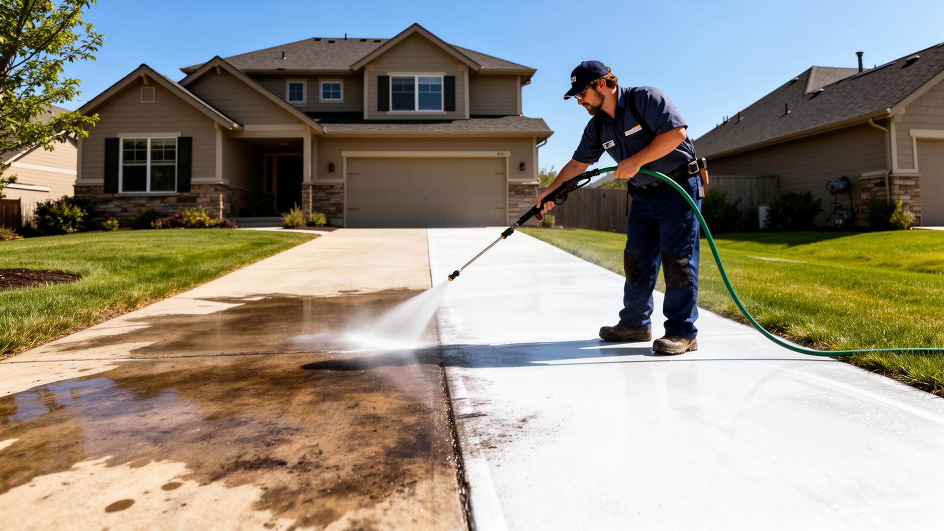 Professional power washing of a residential driveway